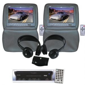 Two Adjustable Headrests w/ Built-In 9'' TFT/LCD Monitor W/IR Transmitter & Cover (Gray) + In-Dash Mobile DVD/VCD/CD/CDR/CDRW/MP3 Player + Dual Wireless IR Mobile Video Stereo Headphones w/Transmitter (RBKTMVGST83)