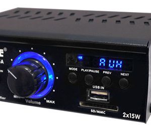 Compact Power Amplifier - Mini Audio Speaker Amp, MP3/USB/SD Readers, Aux Input, 2 x 15 Watt (PCAU15A)