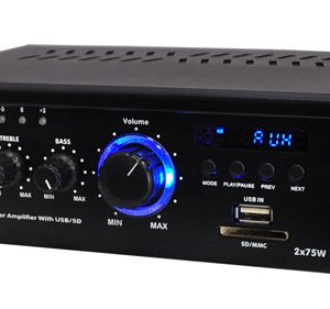 Digital Stereo Amplifier - Compact Audio Speaker Amp, AUX Input, USB/SD Readers, LED Display, 2 x 75 Watt (PCAU35A)