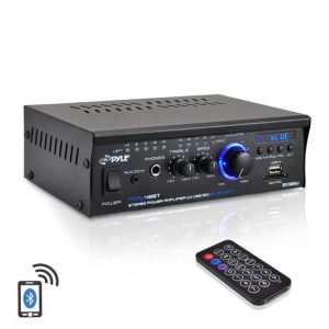 Bluetooth Mini Blue Series Stereo Power Amplifier, 2 x 120 Watt, USB Charge Port, USB/SD Memory Card Readers, RCA and AUX (3.5mm) Input Connector Jacks, Remote Control (PCAU48BT)