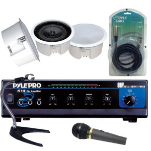 80 WATT AC/DC Microphone PA Mono Amplifier w/ 70V Output & Mic Talkover + 5'' In Ceiling Flush Mount Enclosure Speaker System w/Rotary Tapping 70V Transformer + Dynamic Microphone + U-Base Gooseneck Desktop Microphone Stand + 15ft. XLR Male to XLR Fem (PHPK212)
