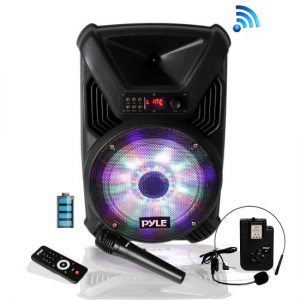 Portable PA Speaker & Microphone System, Bluetooth Wireless Streaming, Built-in Rechargeable Battery, Dancing LED Party Lights (Includes Wired & Headset Mics) (PPHP126WMU)