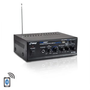 Bluetooth Mini Blue Series Stereo Power Amplifier, 2 x 40 Watt, Pager & Mixing/Karaoke Functions, Microphone Input, USB Charge Port, RCA and AUX (3.5mm) Input Connector Jacks (PTA22BT)