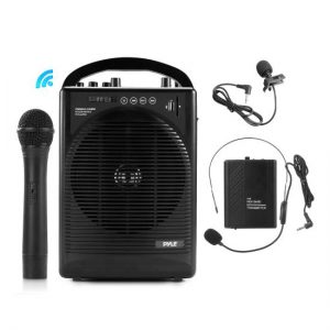 Portable PA Speaker Amplifier & Microphone System, Bluetooth Wireless Streaming, Built-in Rechargeable Battery, Accessory Kit (Includes Handheld Mic, Headset Mic, Lavalier Mic, Belt Pack Transmitter) (PWMA1216BM)