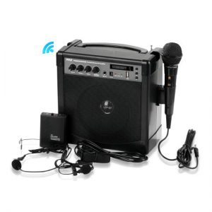 Portable Karaoke PA Speaker Amplifier & Microphone System, Bluetooth Wireless Streaming, Built-in Rechargeable Battery (Includes Belt Pack Transmitter, Headset, Lavalier & Wired Handheld Microphone) (PWMA220BM)