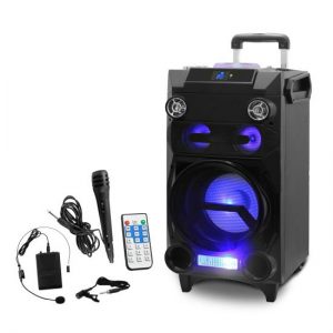 Portable Bluetooth Karaoke Speaker System - PA Loudspeaker with Flashing DJ Lights, Built-in Rechargeable Battery, FM Radio, MP3/USB/Micro SD (PWMA335BT)