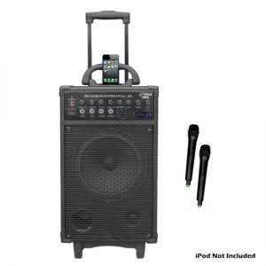 300 Watt Dual Channel Wireless Rechageable Portable PA System With iPod/iPhone Dock, FM Radio /USB/SD, and 2 Handheld Microphones (PWMA970)